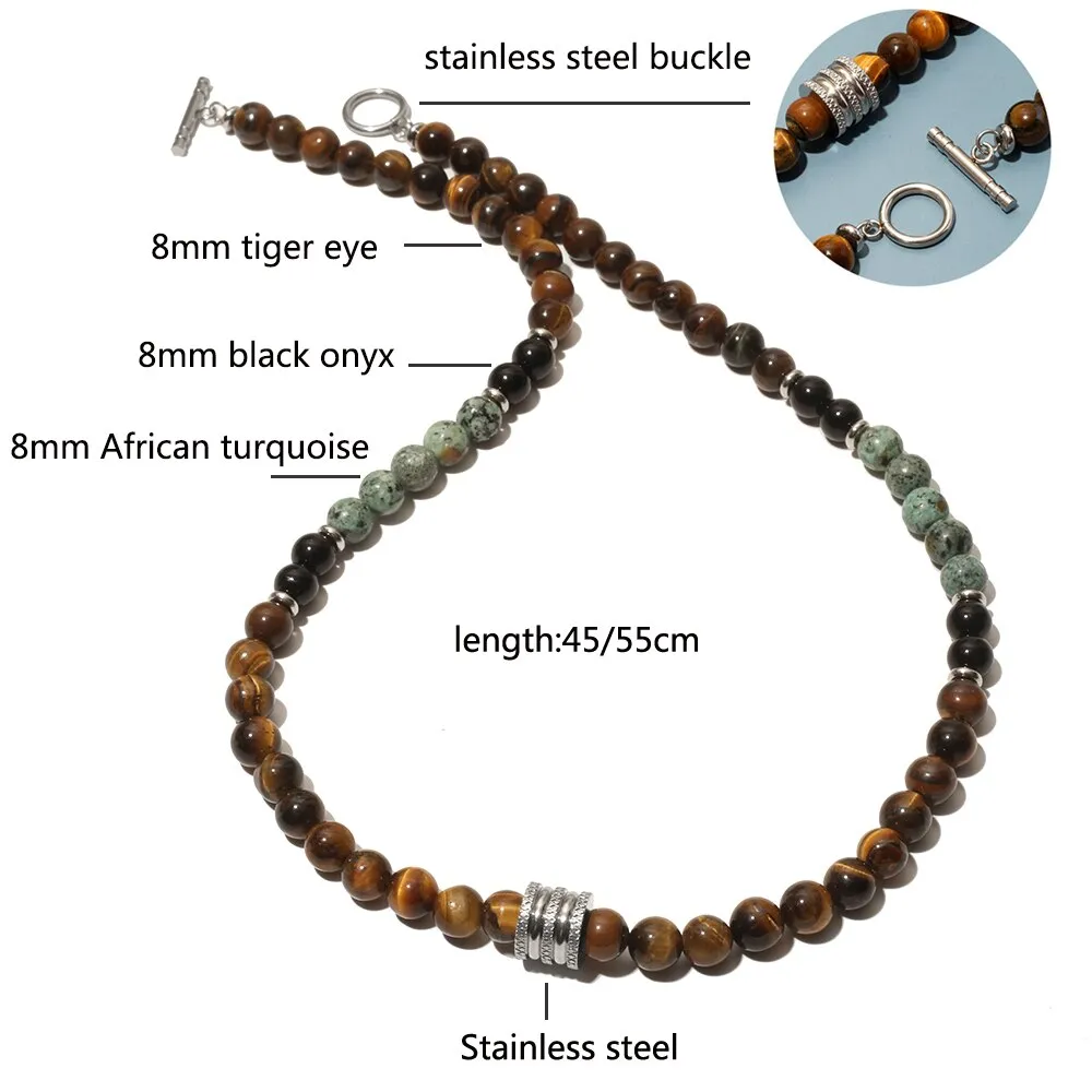 8mm Natural Stone Beads Short Necklace Stainless Steel Pandent Charm Choker Neck Chain