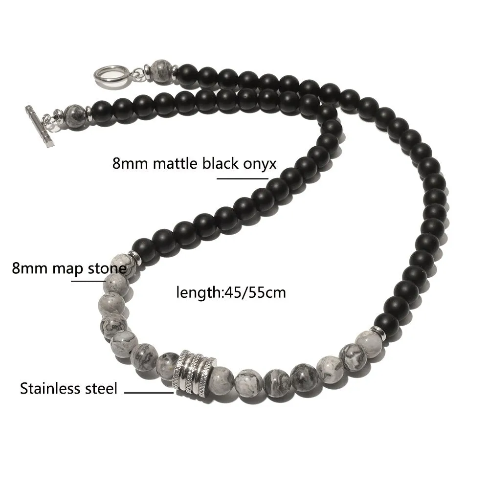 8mm Natural Stone Beads Short Necklace Stainless Steel Pandent Charm Choker Neck Chain