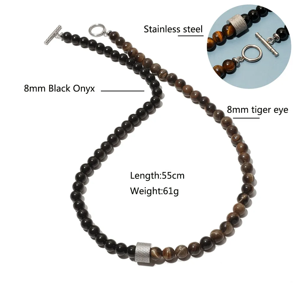 8mm Natural Stone Beads Short Necklace Stainless Steel Pandent Charm Choker Neck Chain