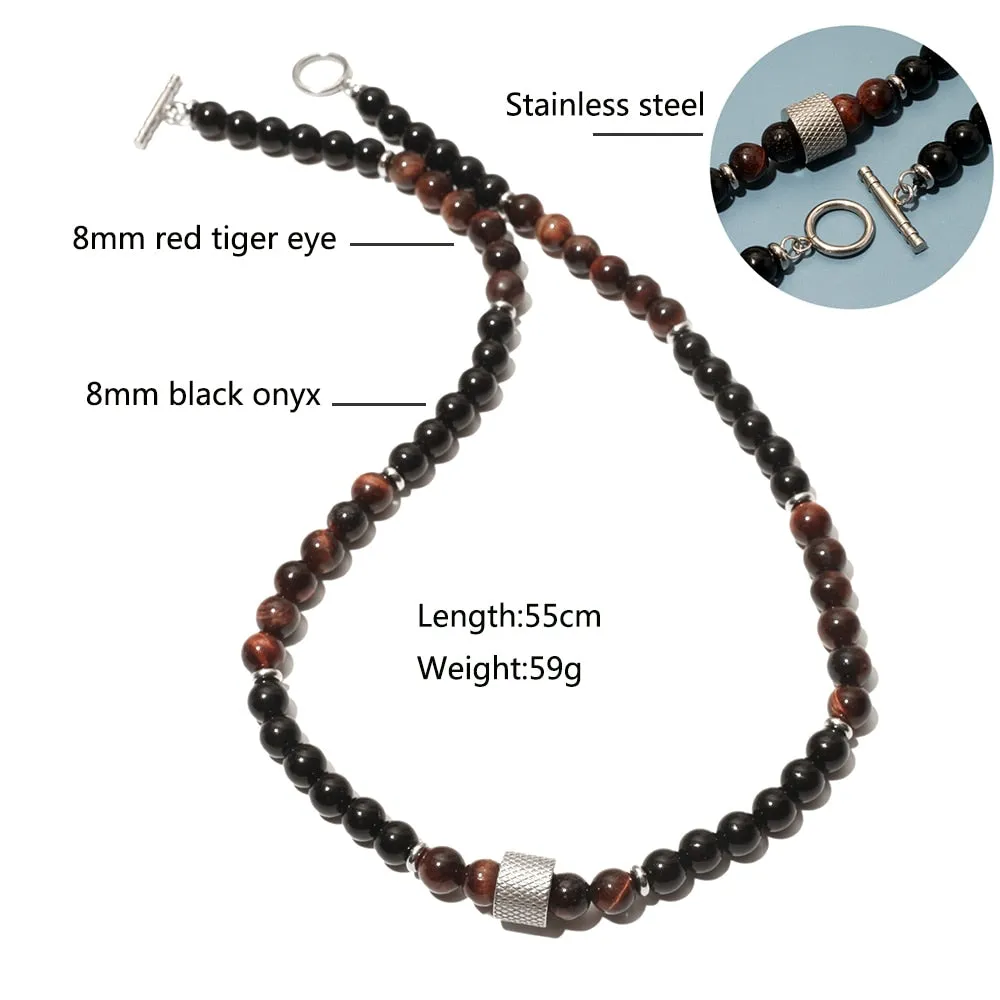 8mm Natural Stone Beads Short Necklace Stainless Steel Pandent Charm Choker Neck Chain