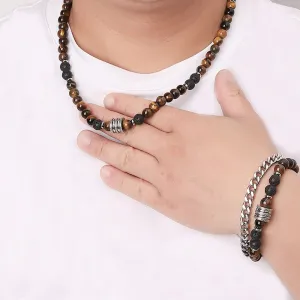8mm Natural Stone Beads Short Necklace Stainless Steel Pandent Charm Choker Neck Chain
