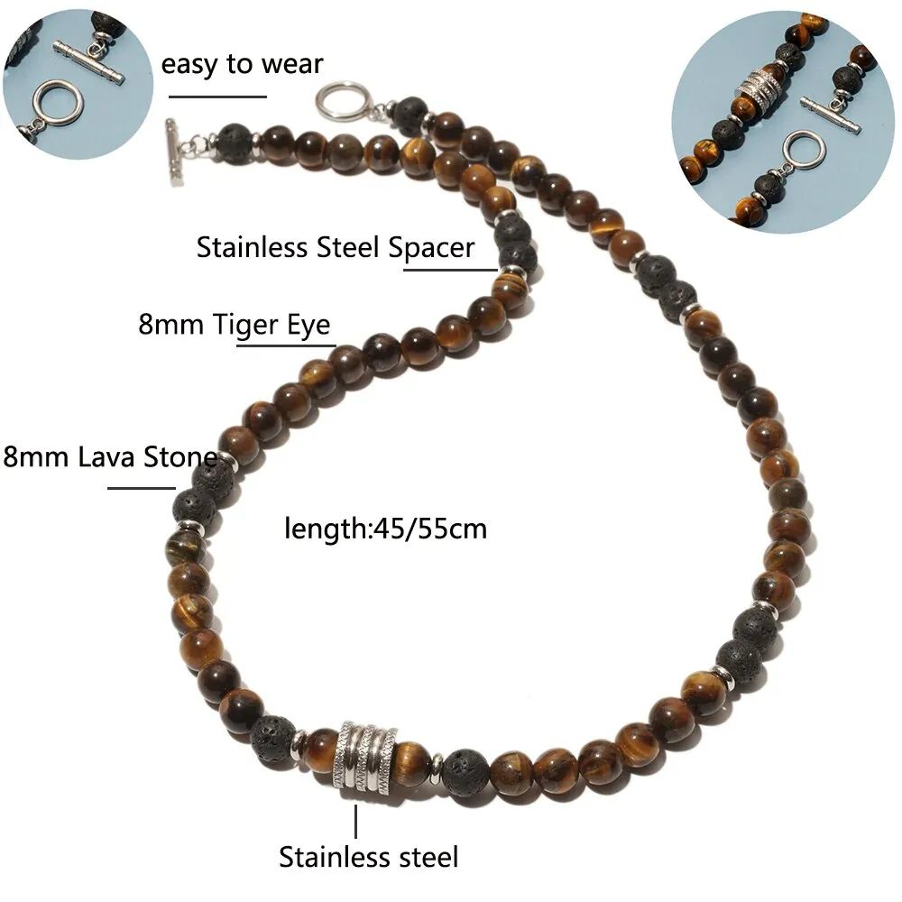8mm Natural Stone Beads Short Necklace Stainless Steel Pandent Charm Choker Neck Chain
