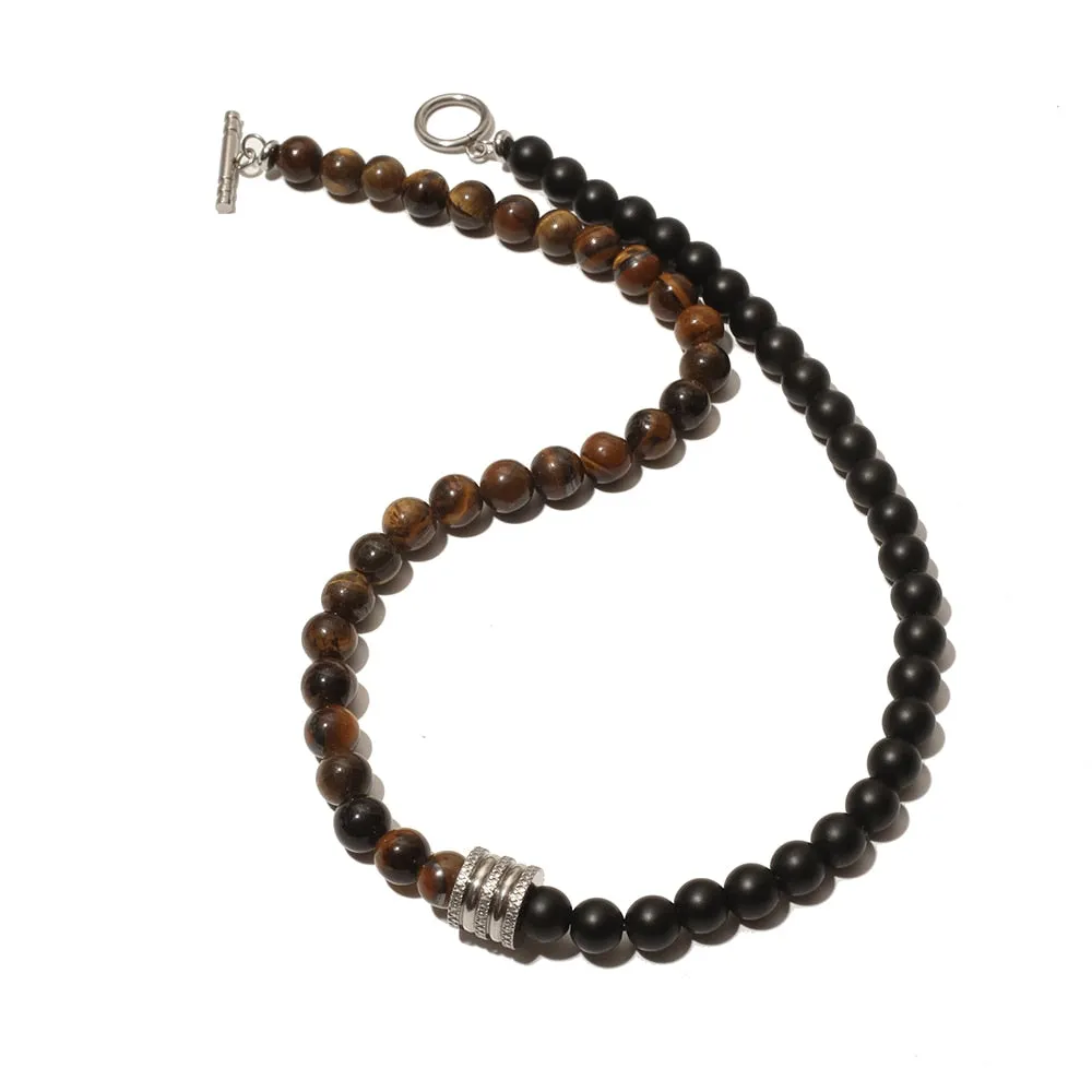 8mm Natural Stone Beads Short Necklace Stainless Steel Pandent Charm Choker Neck Chain