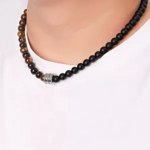 8mm Natural Stone Tiger Eyes Black Onyx Necklace Stainless Steel Beaded Charm Choker Neck Chain