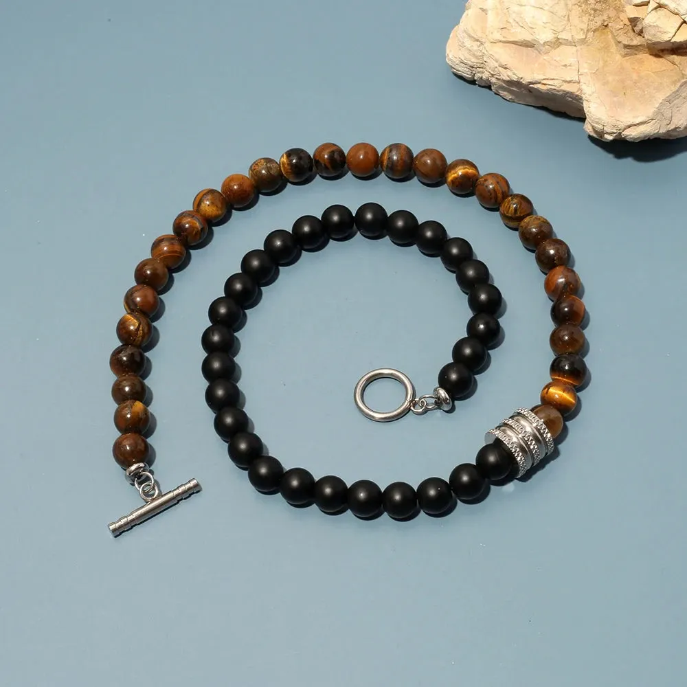 8mm Natural Stone Tiger Eyes Black Onyx Necklace Stainless Steel Beaded Charm Choker Neck Chain