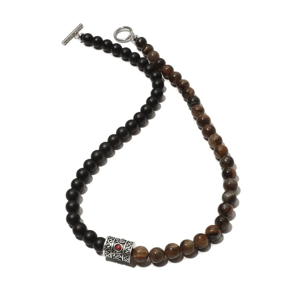 8mm Natural Stone Tiger Eyes Black Onyx Necklace Stainless Steel Beaded Charm Choker Neck Chain