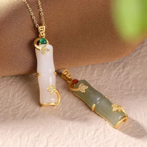 Ancient gold craft inlaid natural Hetian white jade bamboo pendant necklace