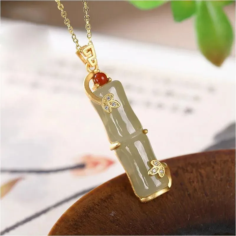 Ancient gold craft inlaid natural Hetian white jade bamboo pendant necklace