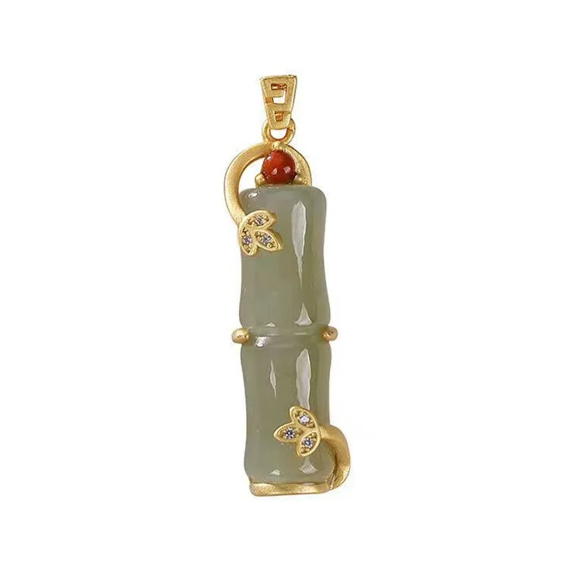 Ancient gold craft inlaid natural Hetian white jade bamboo pendant necklace
