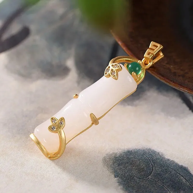 Ancient gold craft inlaid natural Hetian white jade bamboo pendant necklace
