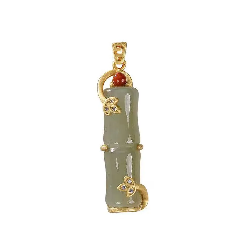 Ancient gold craft inlaid natural Hetian white jade bamboo pendant necklace