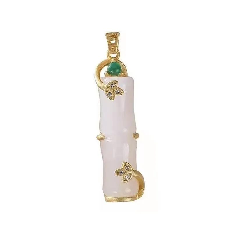 Ancient gold craft inlaid natural Hetian white jade bamboo pendant necklace