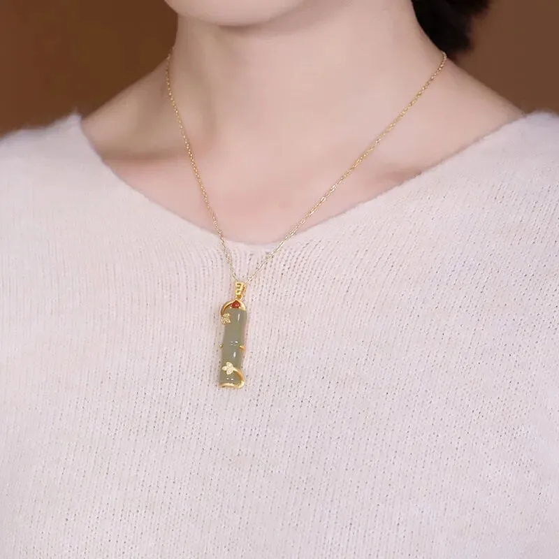 Ancient gold craft inlaid natural Hetian white jade bamboo pendant necklace