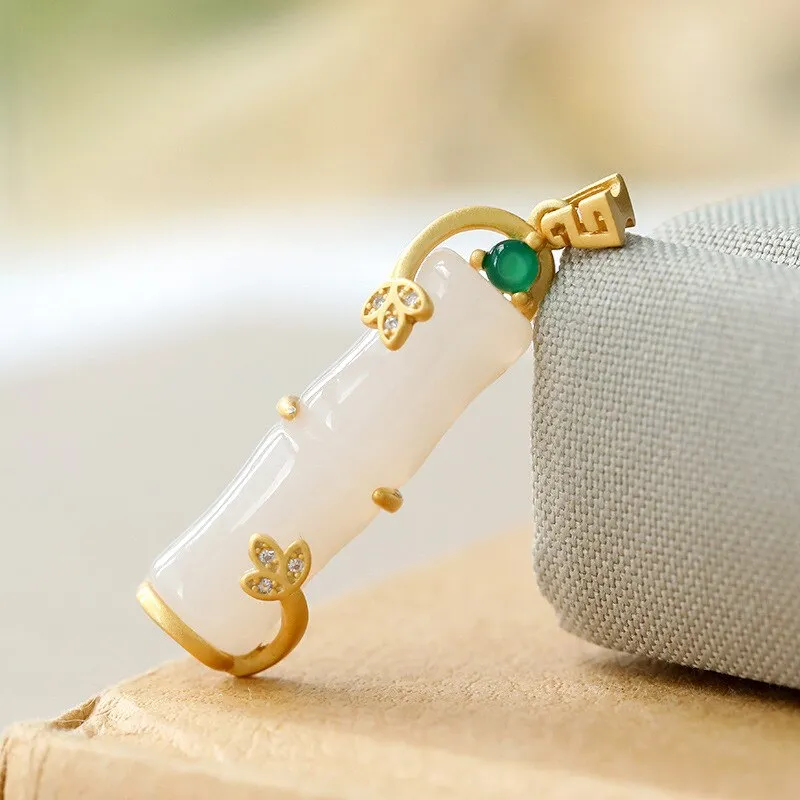 Ancient gold craft inlaid natural Hetian white jade bamboo pendant necklace