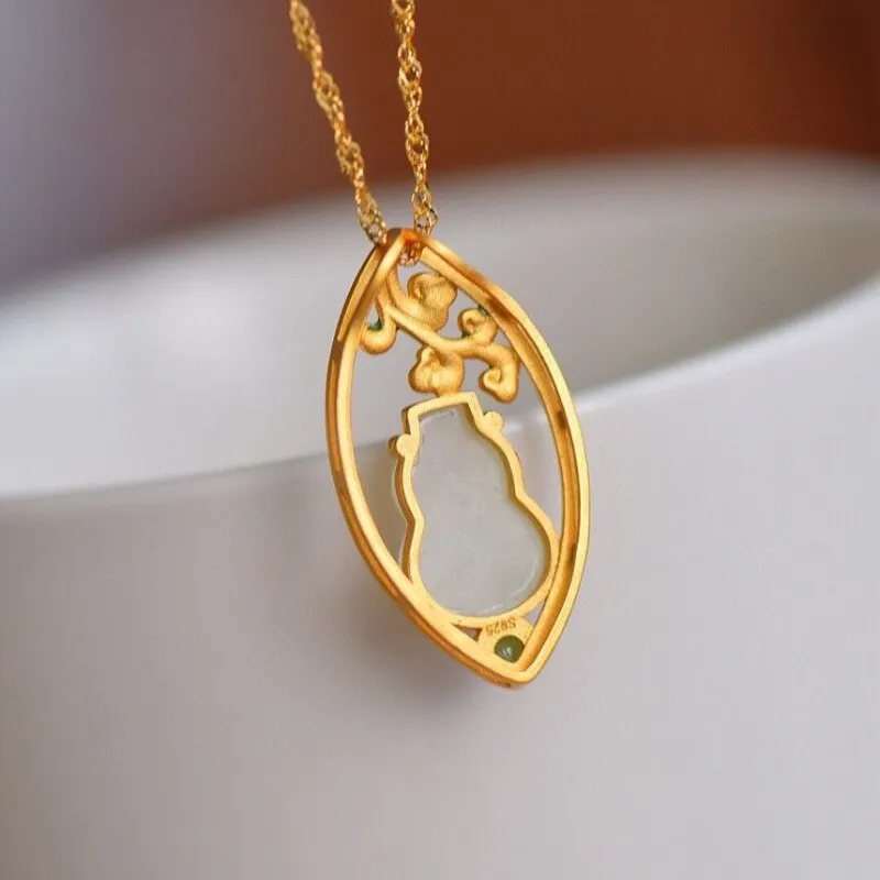 Ancient gold craft inlay natural Hetian white jade gourd necklace