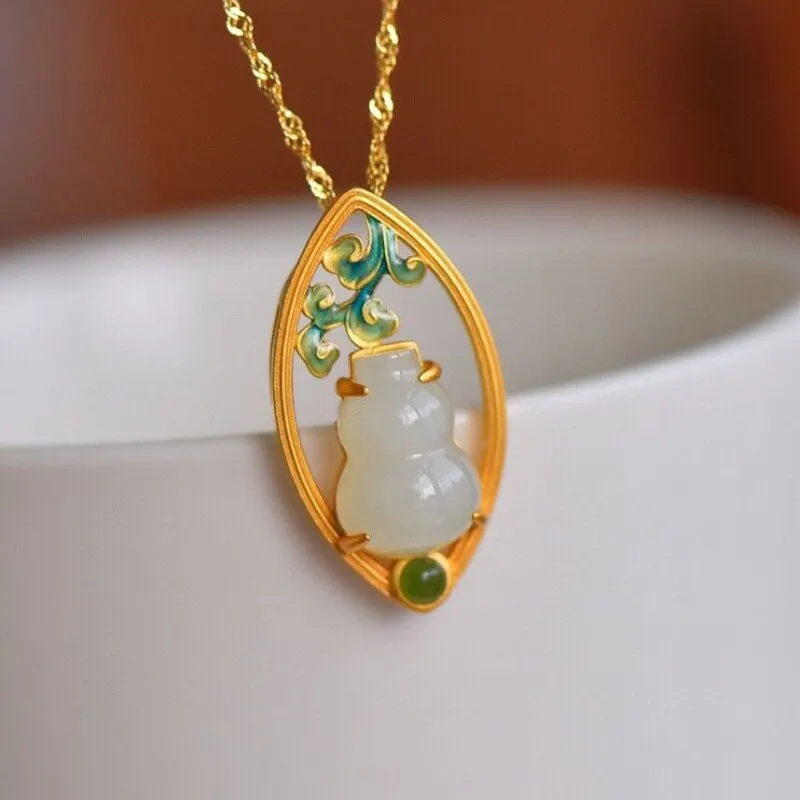 Ancient gold craft inlay natural Hetian white jade gourd necklace