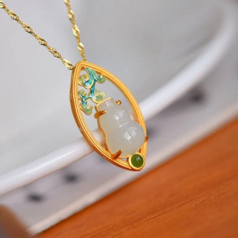 Ancient gold craft inlay natural Hetian white jade gourd necklace