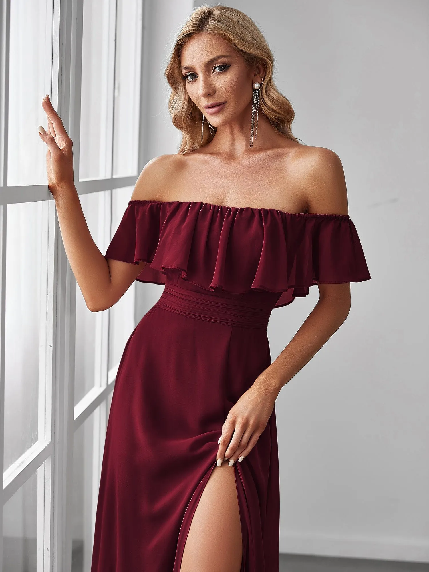 Angelina off shoulder bridesmaid dress with split