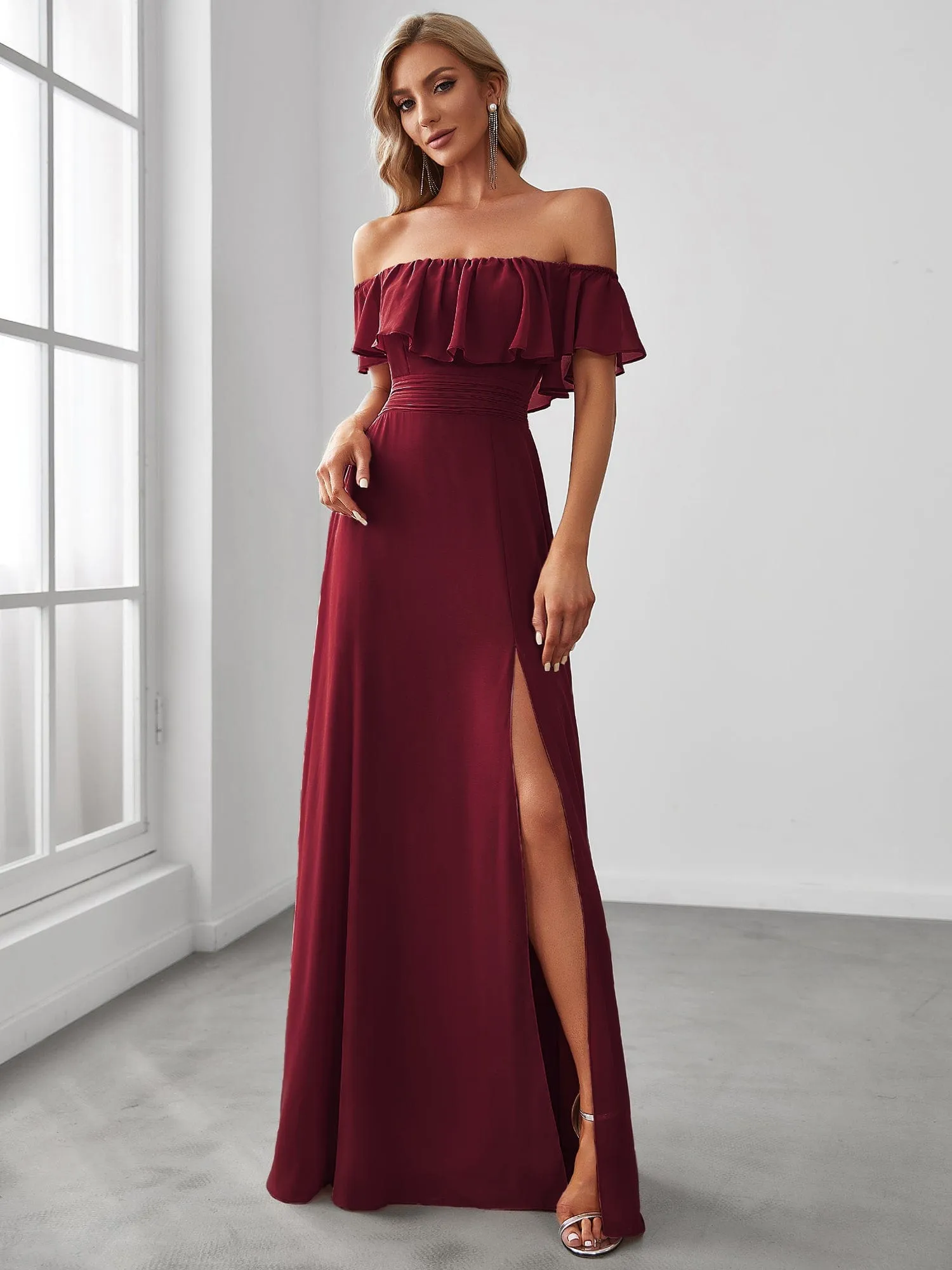 Angelina off shoulder bridesmaid dress with split
