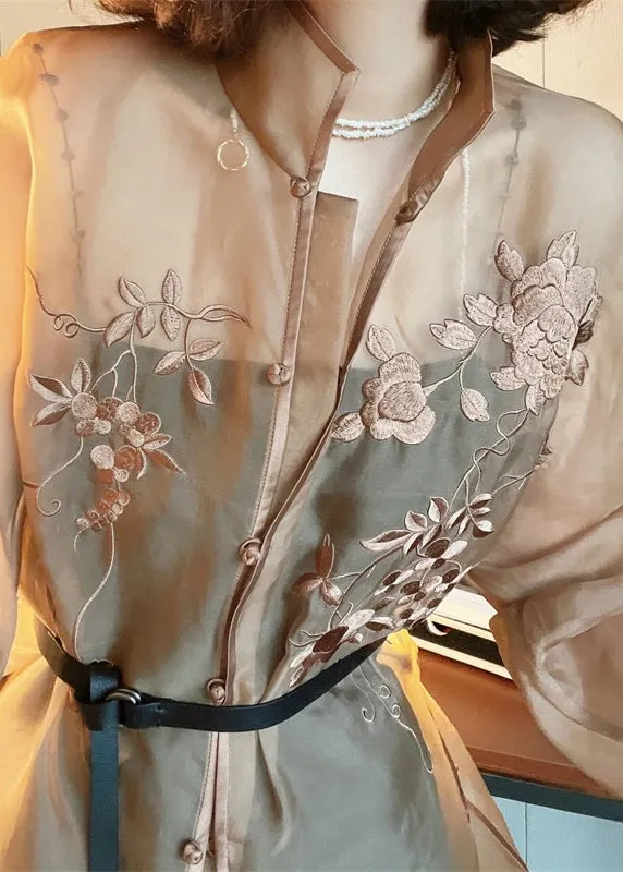 Beautiful Light Brown Embroideried Side Open Sashes Silk Shir Long Sleeve LY9784
