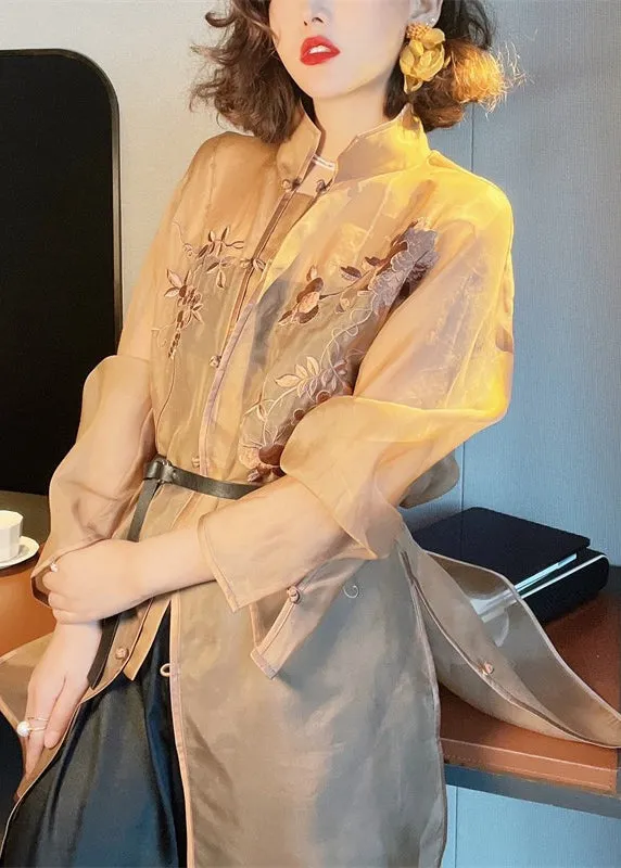 Beautiful Light Brown Embroideried Side Open Sashes Silk Shir Long Sleeve LY9784