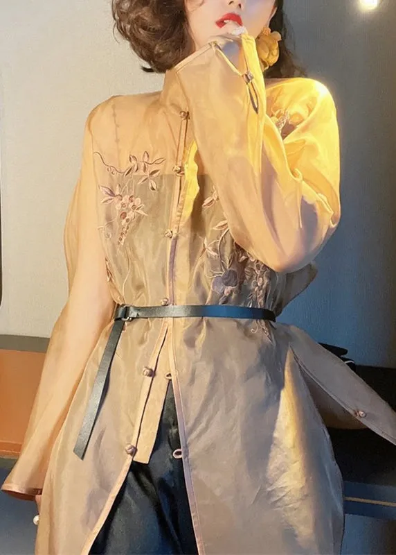 Beautiful Light Brown Embroideried Side Open Sashes Silk Shir Long Sleeve LY9784