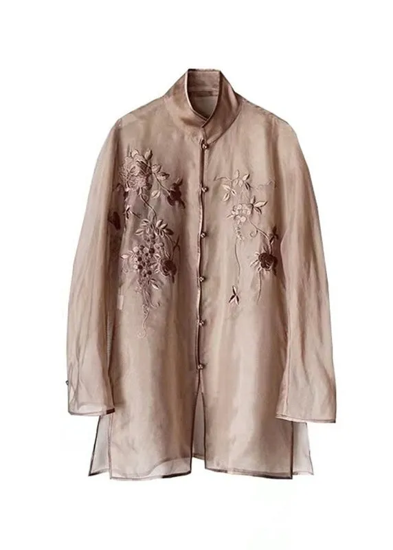 Beautiful Light Brown Embroideried Side Open Sashes Silk Shir Long Sleeve LY9784