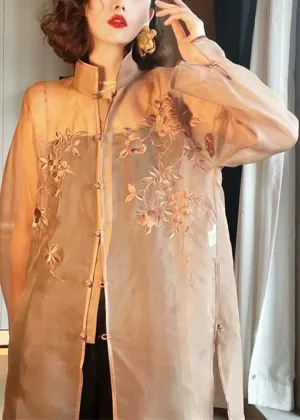Beautiful Light Brown Embroideried Side Open Sashes Silk Shir Long Sleeve LY9784