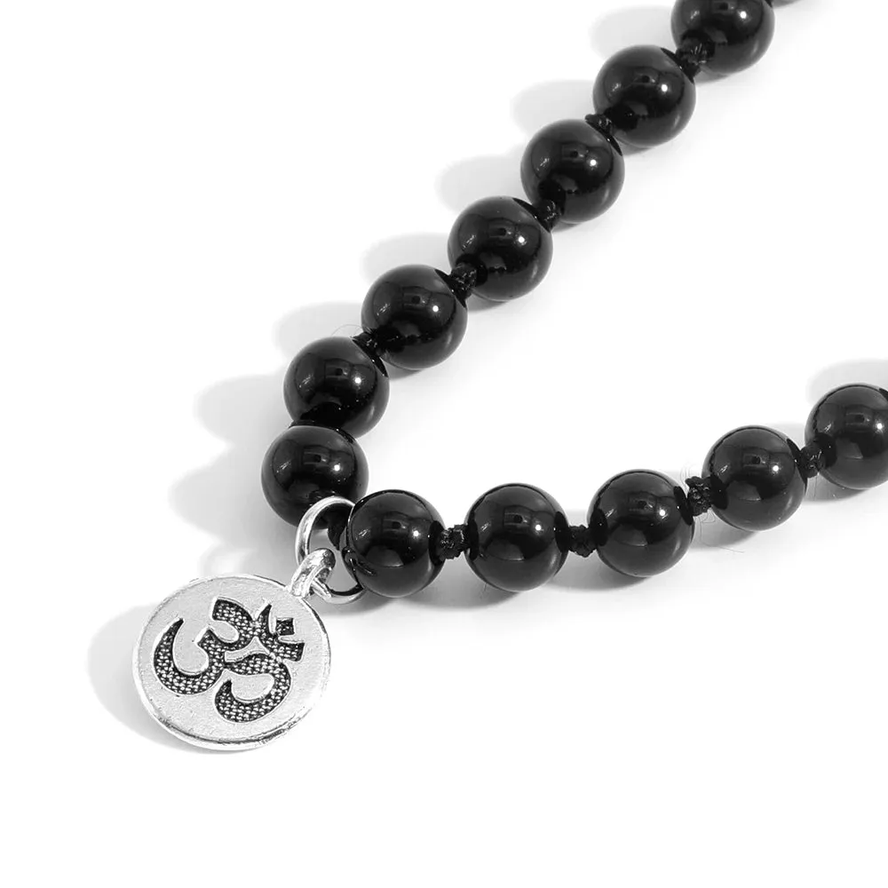 Black Onyx & Blue Tiger Eye Handmade Beaded Knot Natural Stone 108 Mala Necklace