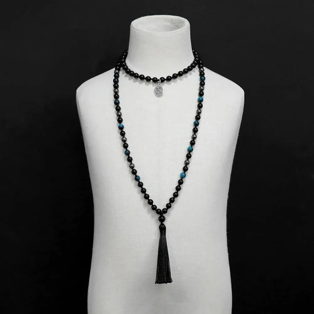 Black Onyx & Blue Tiger Eye Handmade Beaded Knot Natural Stone 108 Mala Necklace