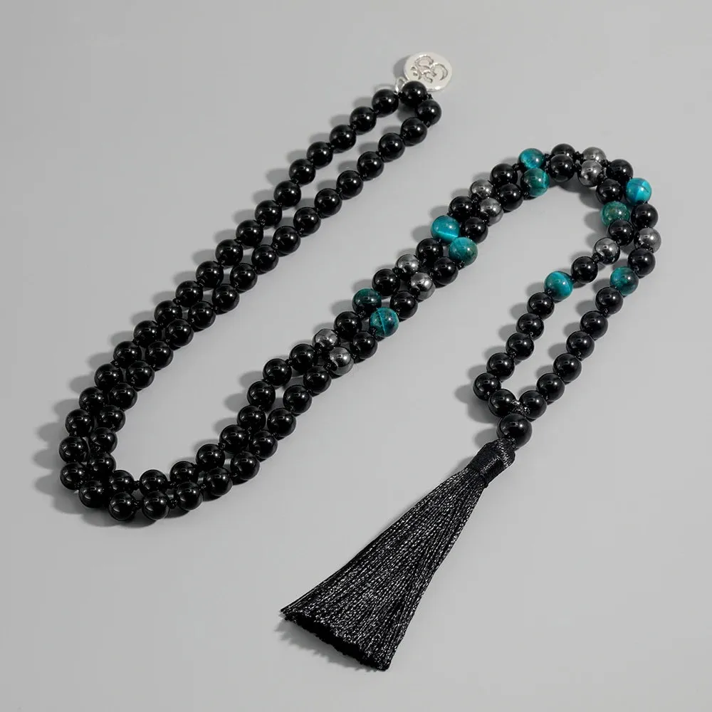 Black Onyx & Blue Tiger Eye Handmade Beaded Knot Natural Stone 108 Mala Necklace