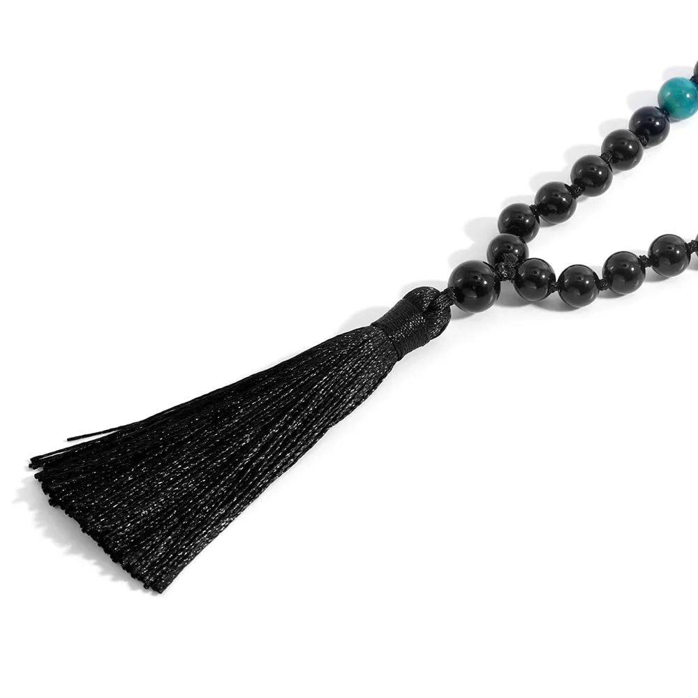 Black Onyx & Blue Tiger Eye Handmade Beaded Knot Natural Stone 108 Mala Necklace