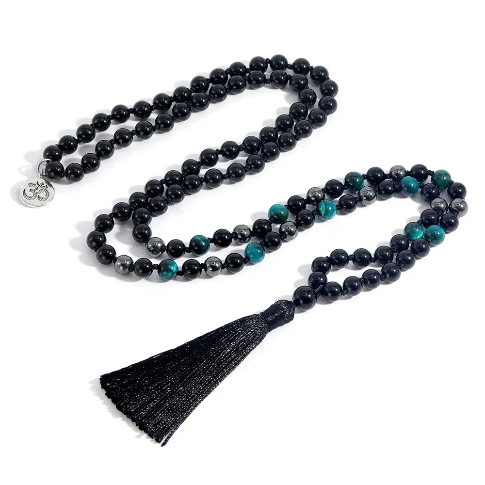 Black Onyx & Blue Tiger Eye Handmade Beaded Knot Natural Stone 108 Mala Necklace