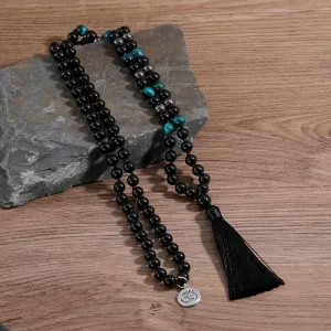Black Onyx & Blue Tiger Eye Handmade Beaded Knot Natural Stone 108 Mala Necklace
