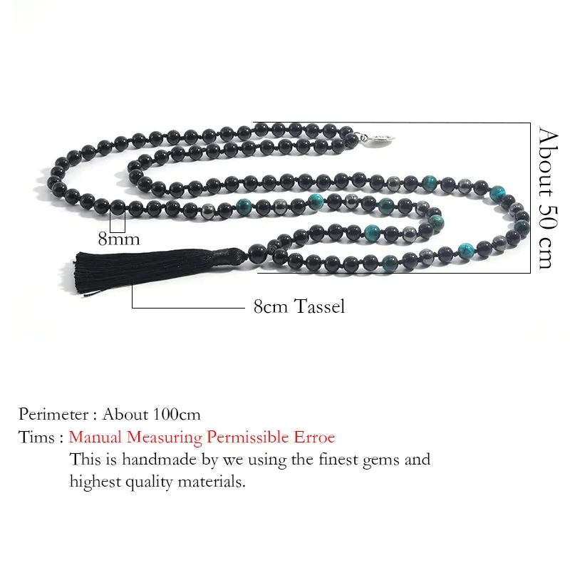 Black Onyx & Blue Tiger Eye Handmade Beaded Knot Natural Stone 108 Mala Necklace