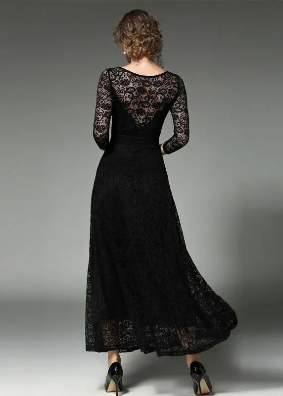 Black Sashes Patchwork Slim Fit Lace Long Dresses O-Neck Bracelet Sleeve LY7357