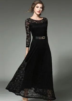 Black Sashes Patchwork Slim Fit Lace Long Dresses O-Neck Bracelet Sleeve LY7357