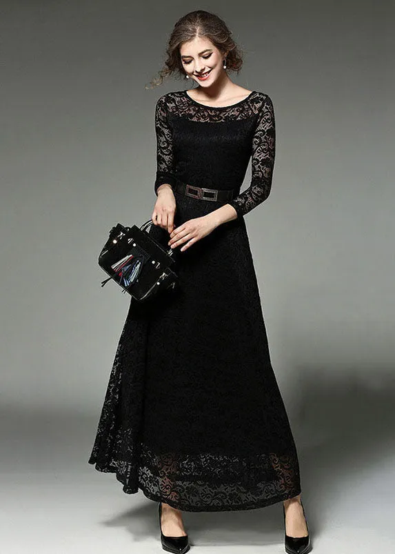 Black Sashes Patchwork Slim Fit Lace Long Dresses O-Neck Bracelet Sleeve LY7357