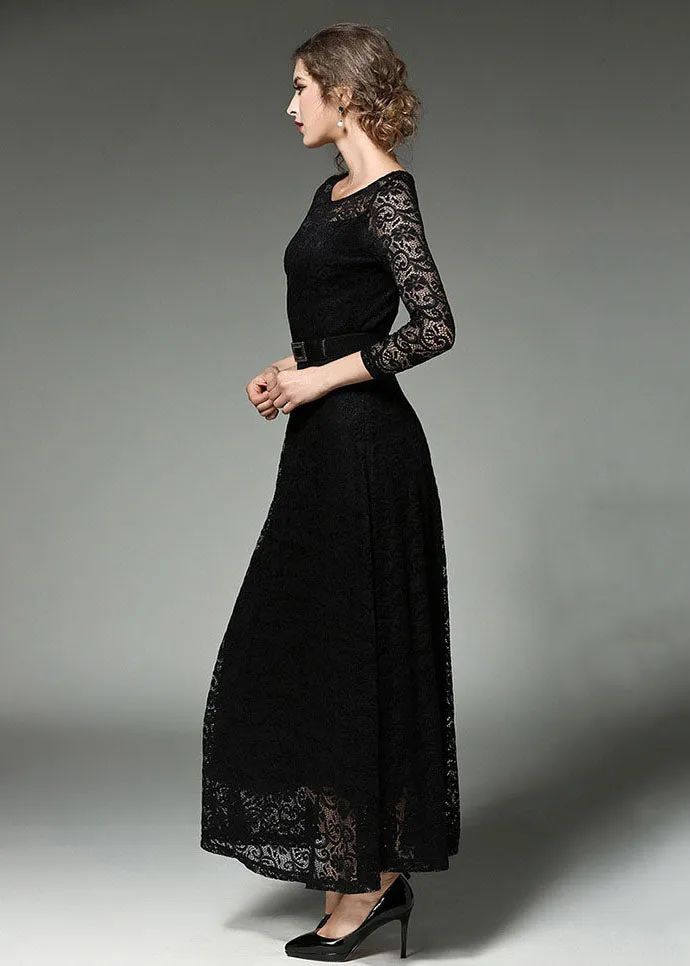 Black Sashes Patchwork Slim Fit Lace Long Dresses O-Neck Bracelet Sleeve LY7357
