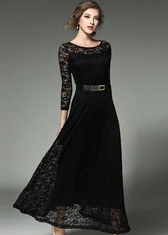 Black Sashes Patchwork Slim Fit Lace Long Dresses O-Neck Bracelet Sleeve LY7357