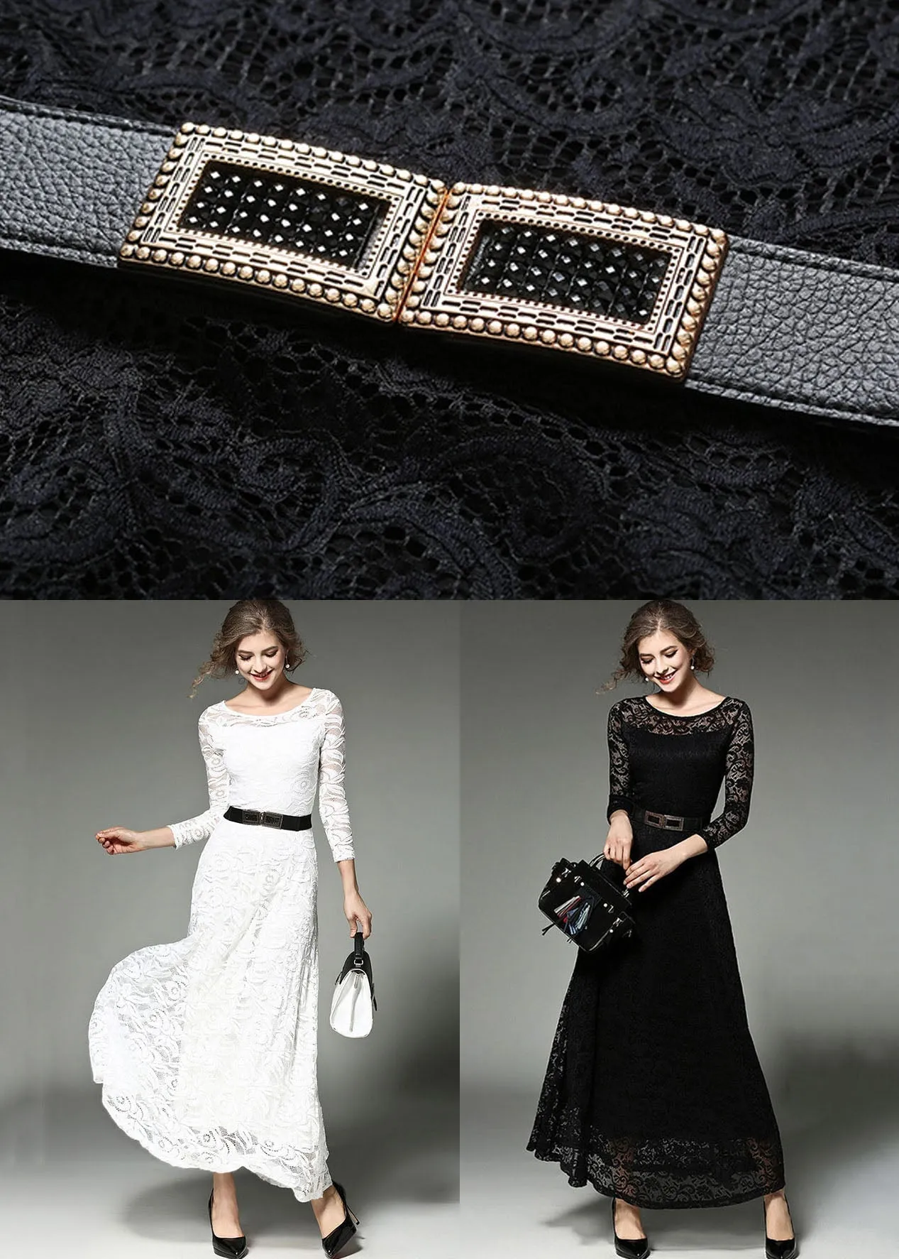 Black Sashes Patchwork Slim Fit Lace Long Dresses O-Neck Bracelet Sleeve LY7357