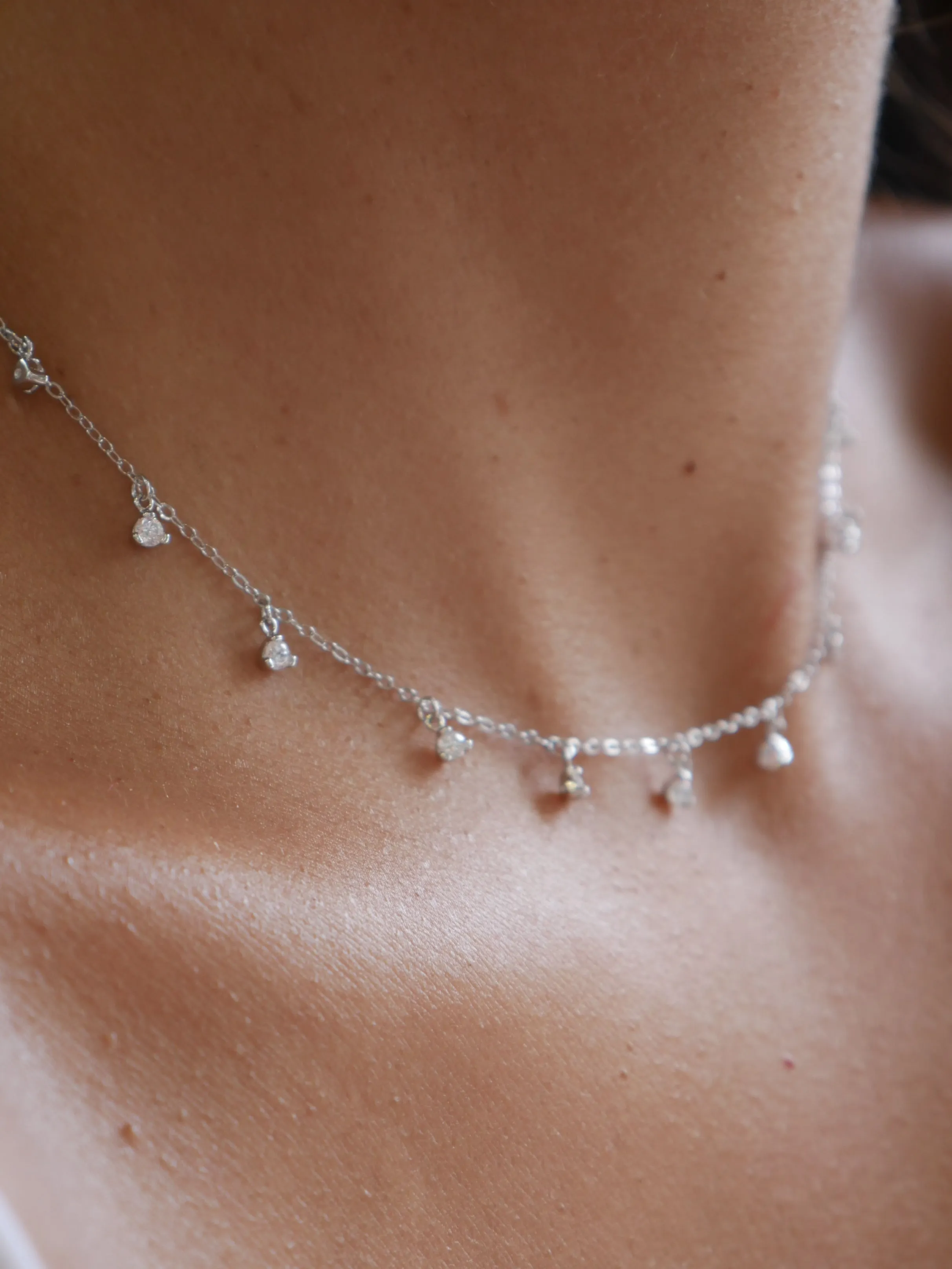 Charm Drop Necklace 925 Sterling Silver Prong Diamond CZ Adjustable Short Necklace