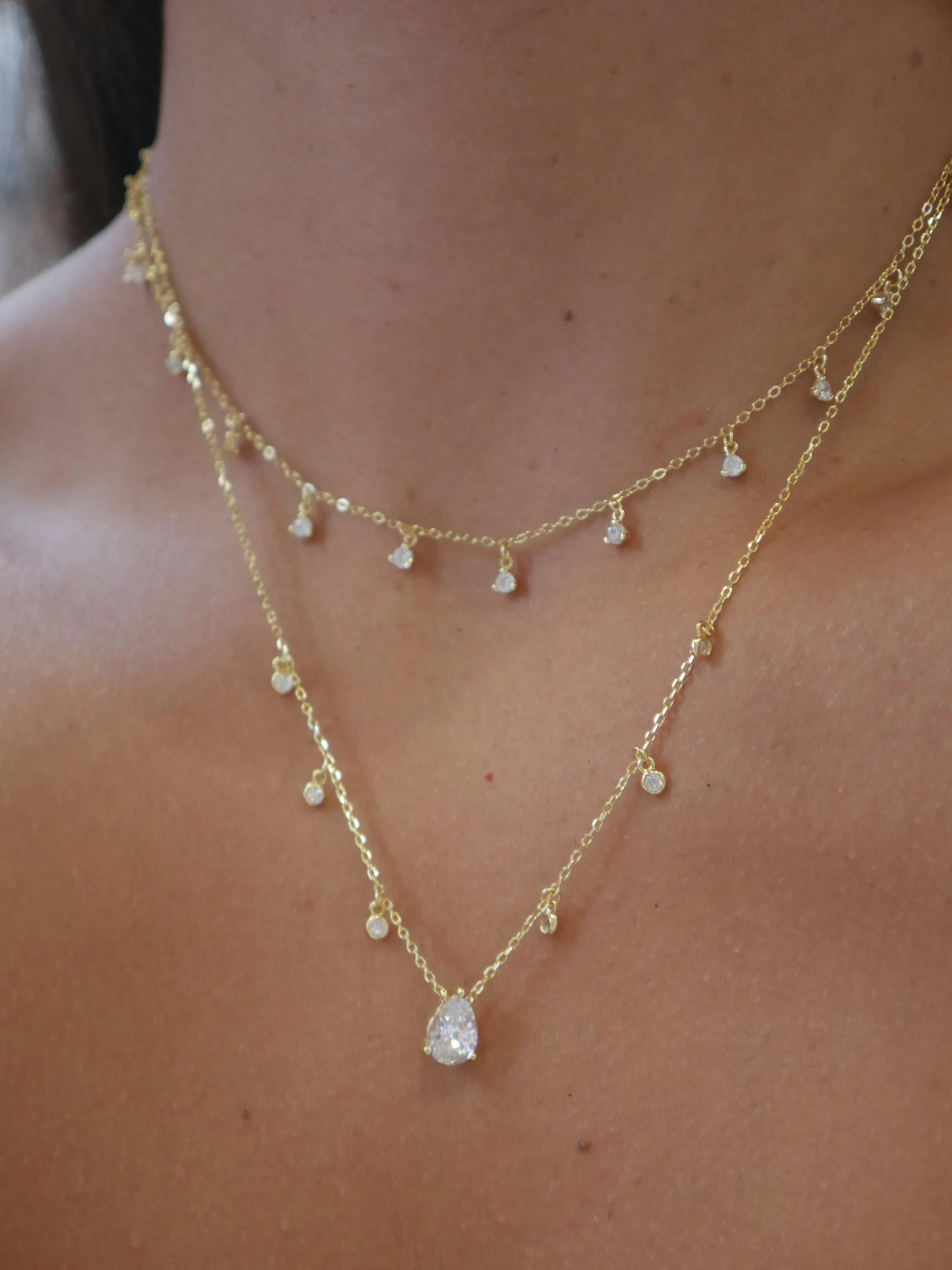 Charm Drop Necklace 925 Sterling Silver Prong Diamond CZ Adjustable Short Necklace