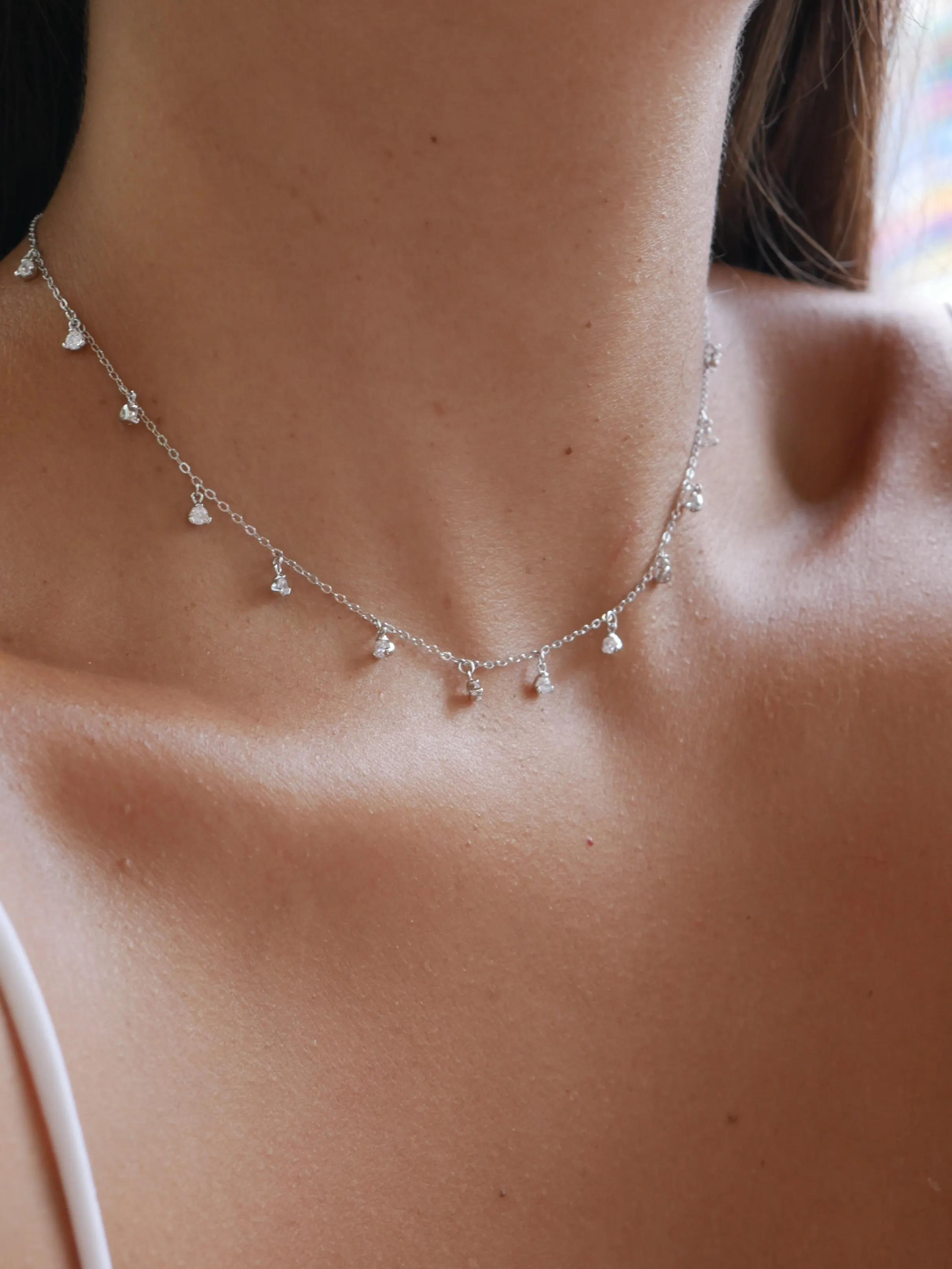 Charm Drop Necklace 925 Sterling Silver Prong Diamond CZ Adjustable Short Necklace