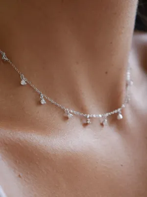 Charm Drop Necklace 925 Sterling Silver Prong Diamond CZ Adjustable Short Necklace