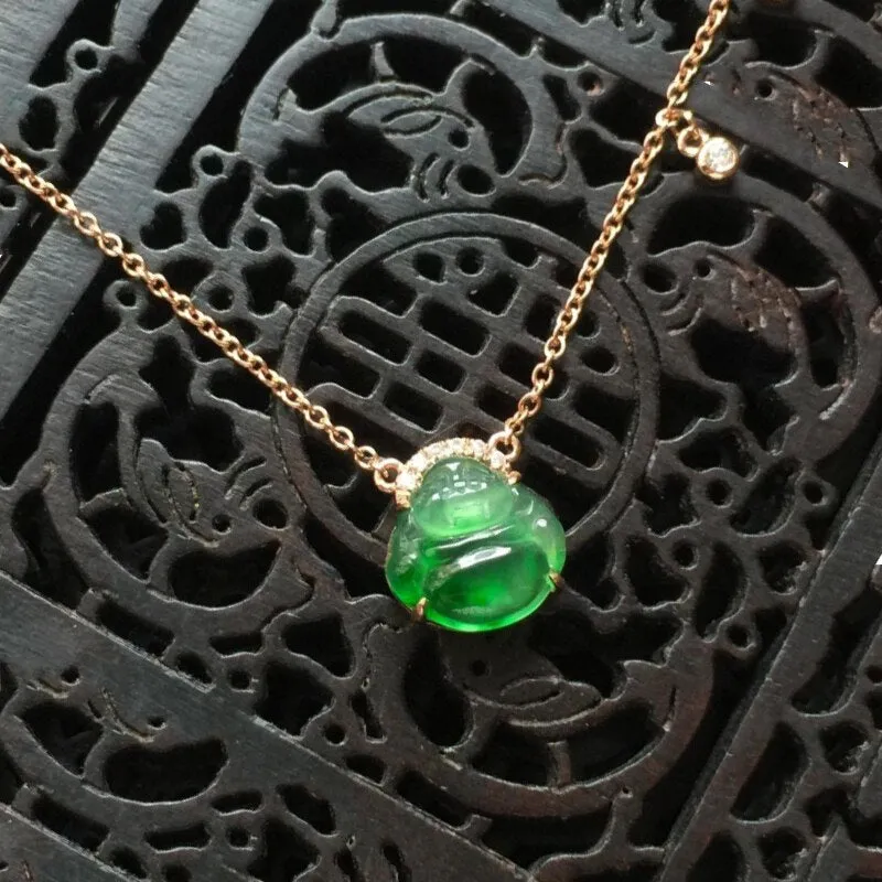 Classic Silver Inlaid Natural Hetian Jade Laughing Buddha Pendant Necklace