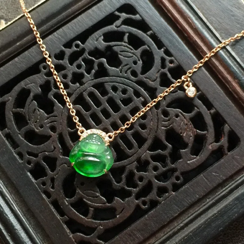 Classic Silver Inlaid Natural Hetian Jade Laughing Buddha Pendant Necklace