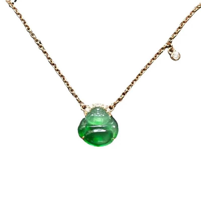 Classic Silver Inlaid Natural Hetian Jade Laughing Buddha Pendant Necklace