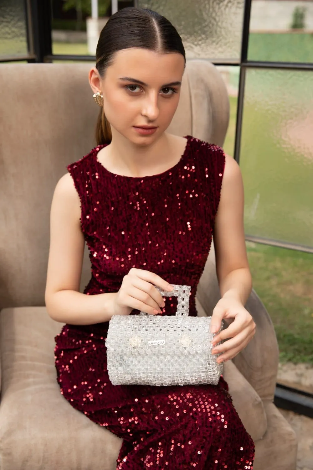 Crystal White Duffle Clutch - Stylish And Versatile Evening Bag