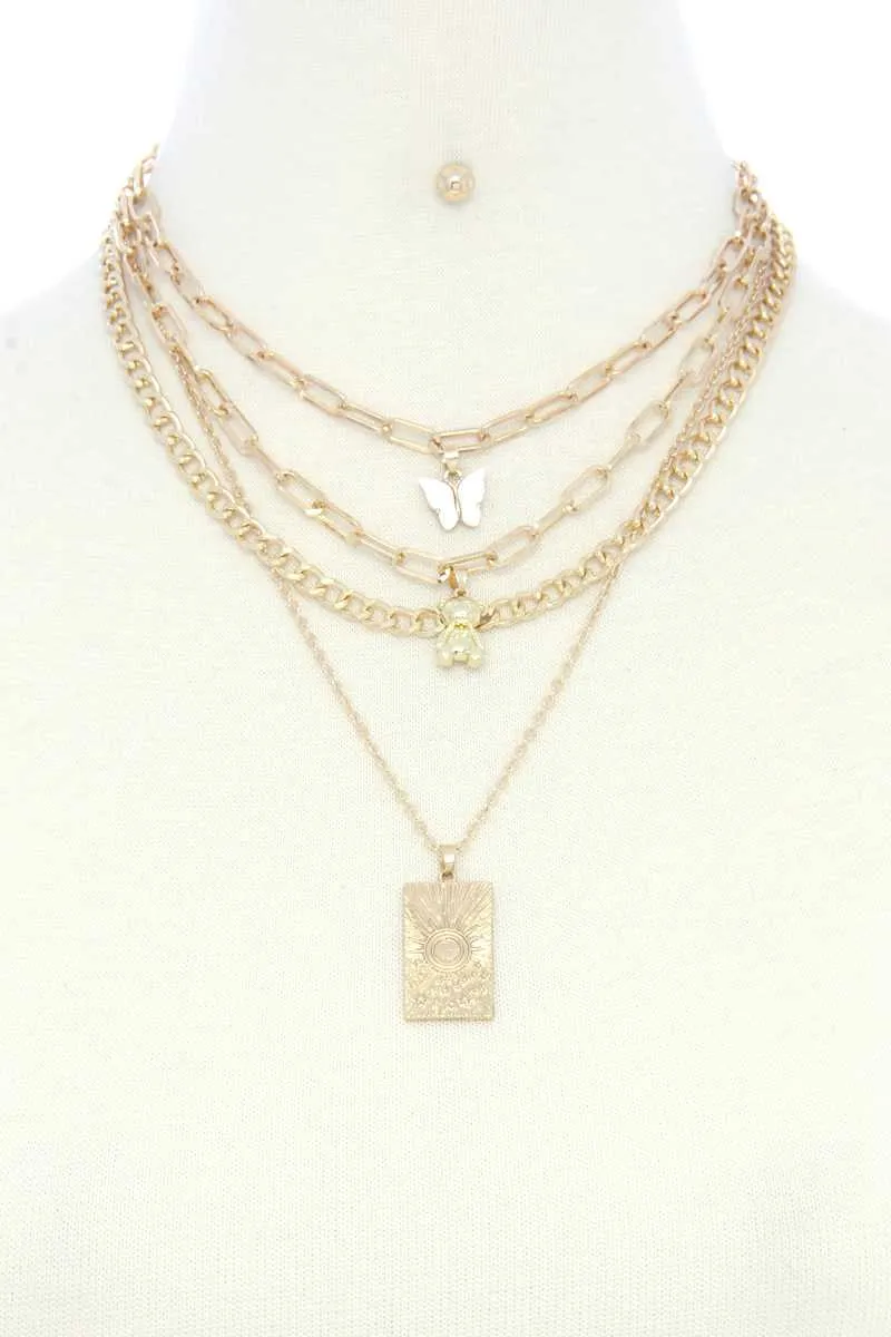 Dainty Butterfly Bear Charm Oval Link Layered Necklace